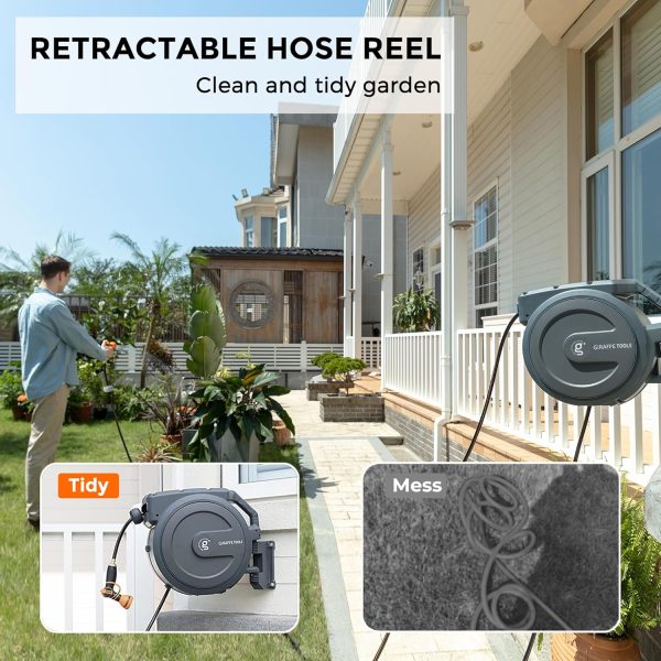 Giraffe Tools AW30 1/2MB Retractable Garden Hose Reel 1/2" x 100 ft PRO Metal Bracket, Heavy Duty, Any Length Lock Hose Reel, 100 ft, Dark Grey - Image 3