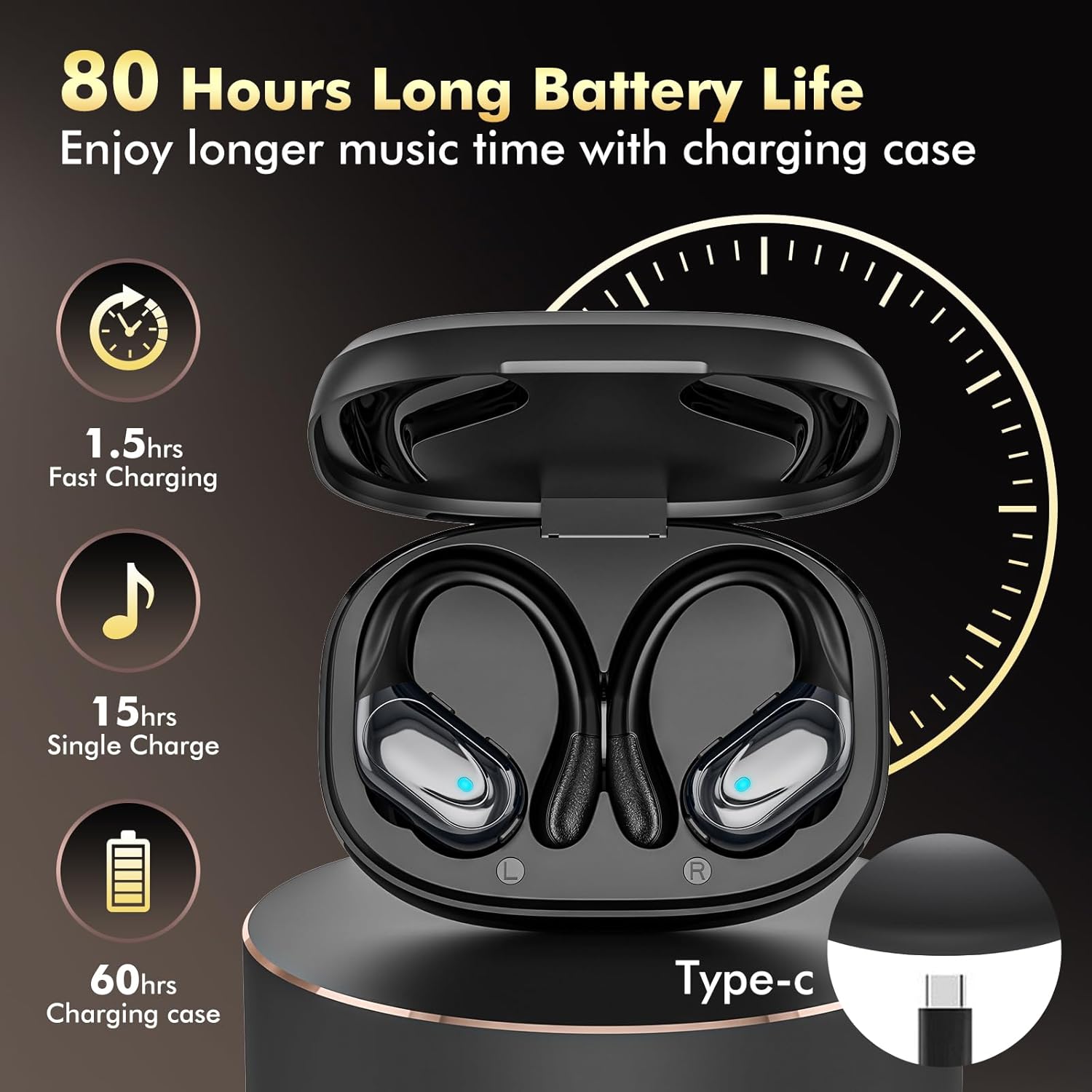 Wireless Earbuds Bluetooth Headphones 80hrs Playback Ear Buds Power Display with Noise Canceling Mic Headsets for Sports/Workout/Running - Black - Image 2